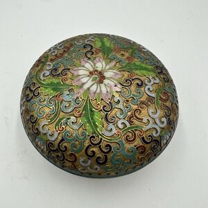 VINTAGE CLOISONNE ENAMELED TRINKET BOX CIRCULAR SHAPE FLOWER DESIGN